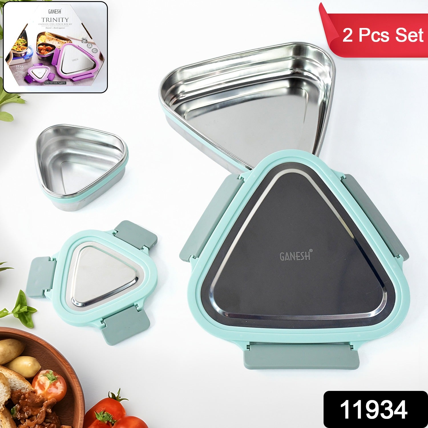 Ganesh Trinity 2-Piece Stainless Steel Triangle Lunch Box Set
