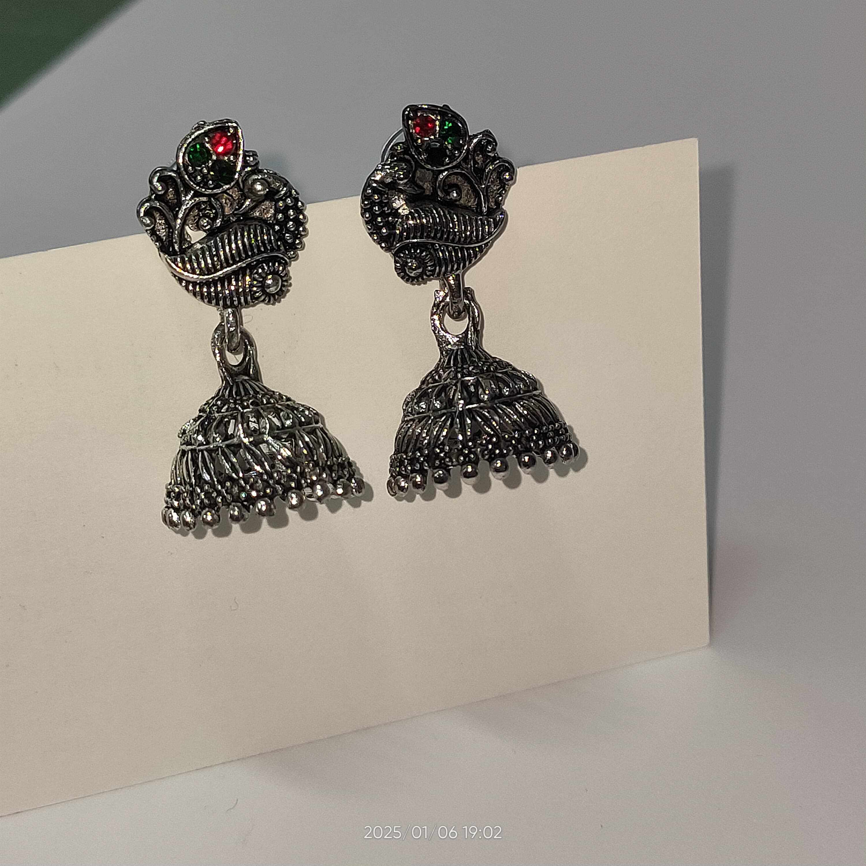 Oxidized Peacock Jhumka Red and Green