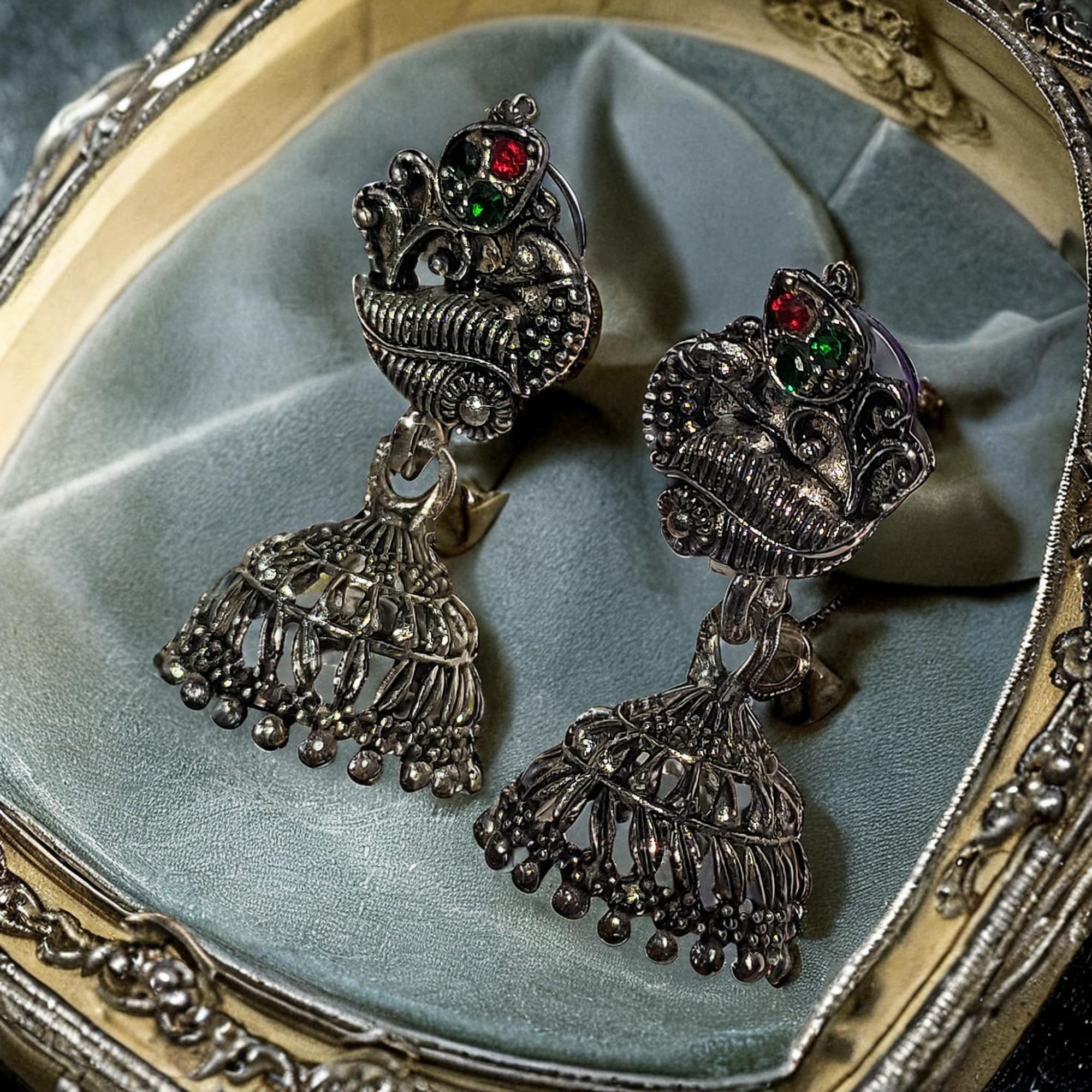 Oxidized Peacock Jhumka Red and Green