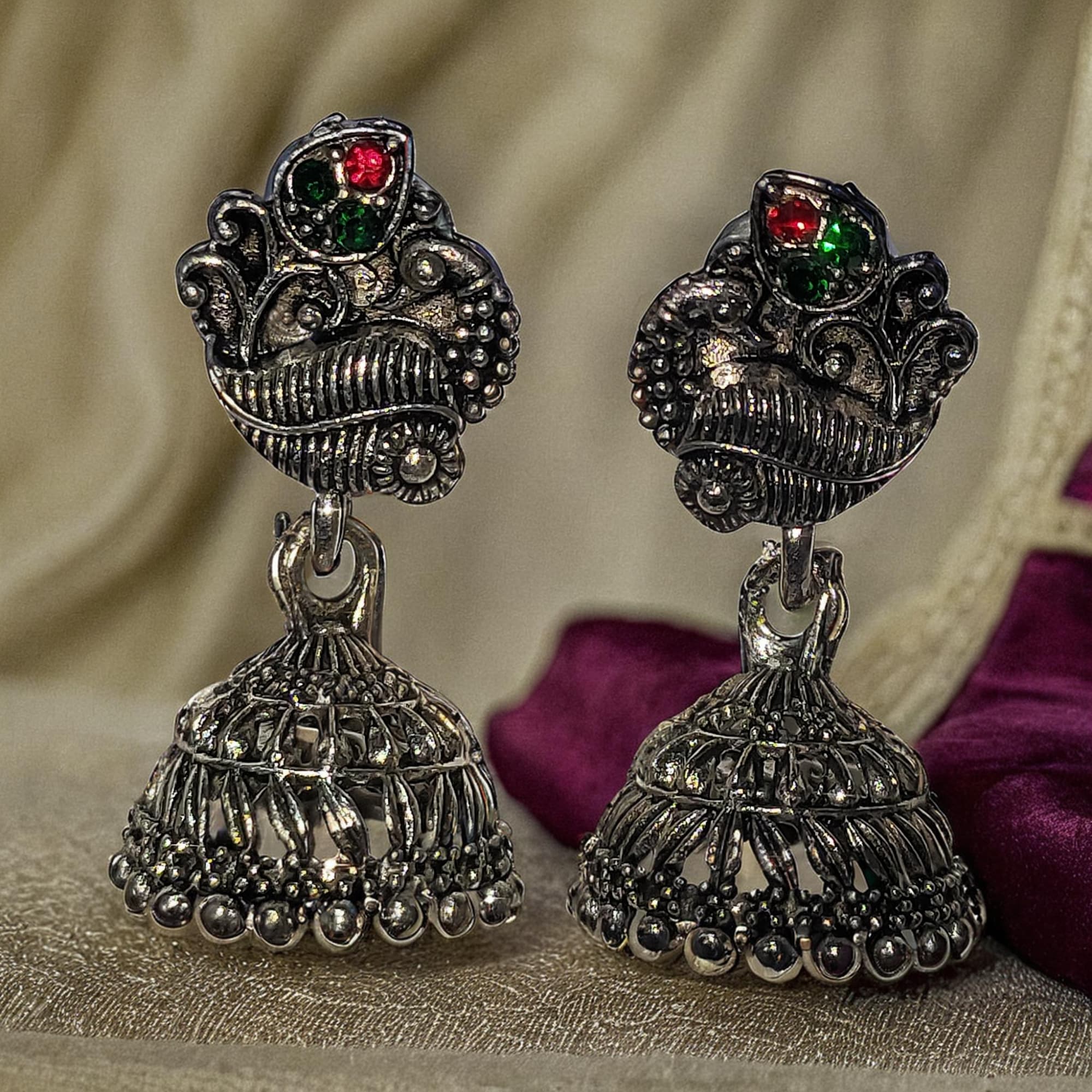 Oxidized Peacock Jhumka Red and Green