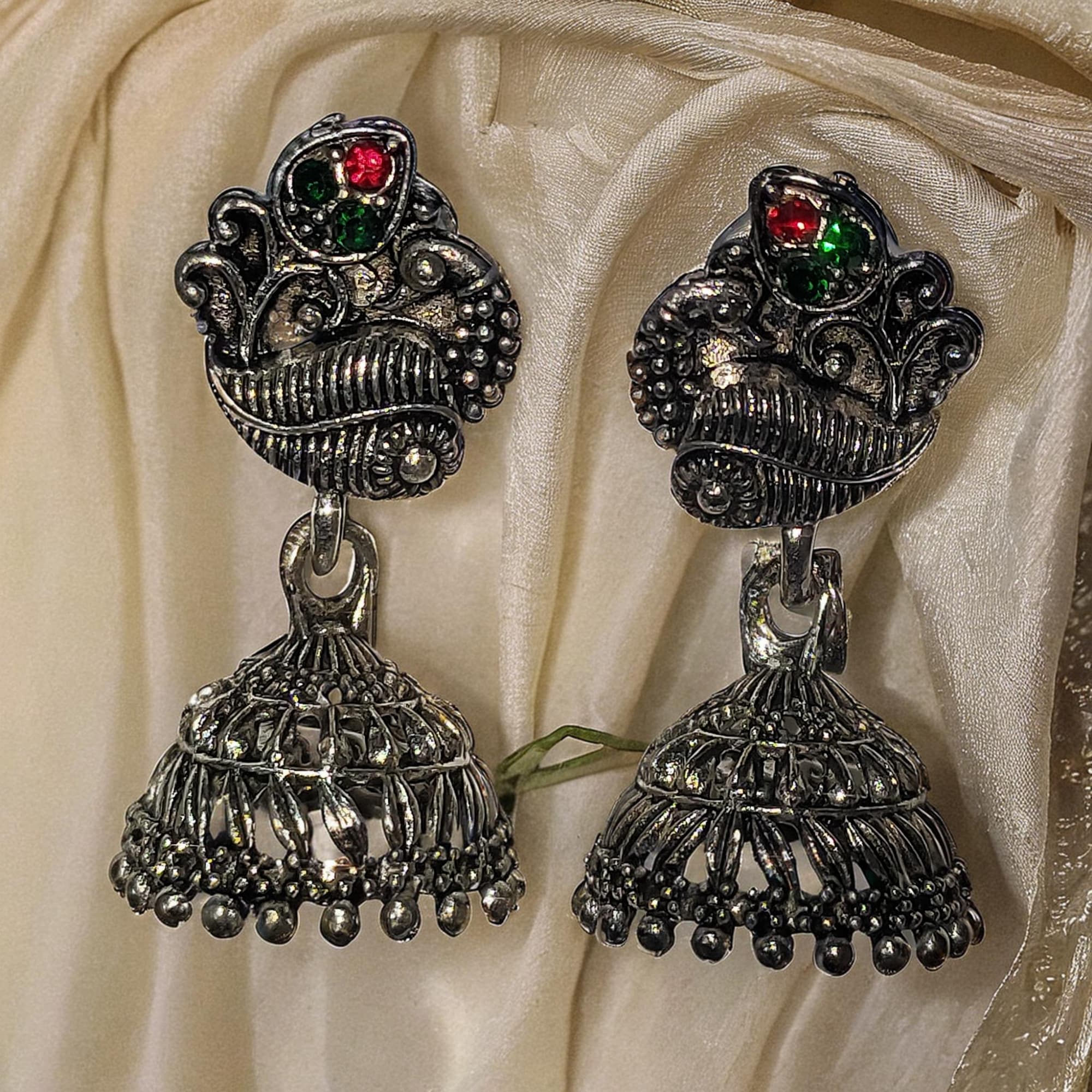 Oxidized Peacock Jhumka Red and Green