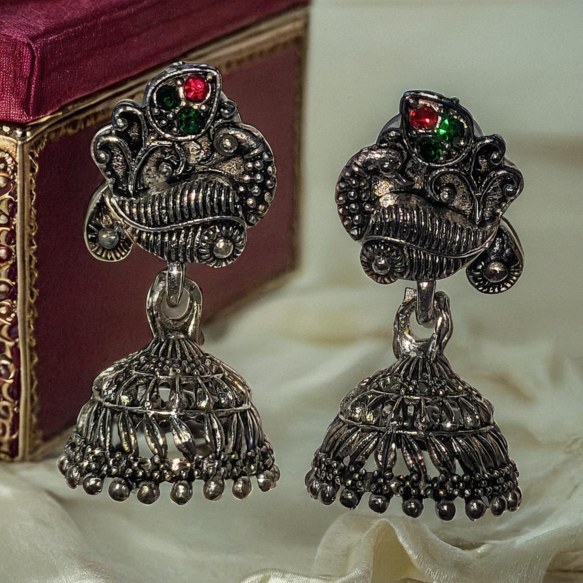 Oxidized Peacock Jhumka Red and Green